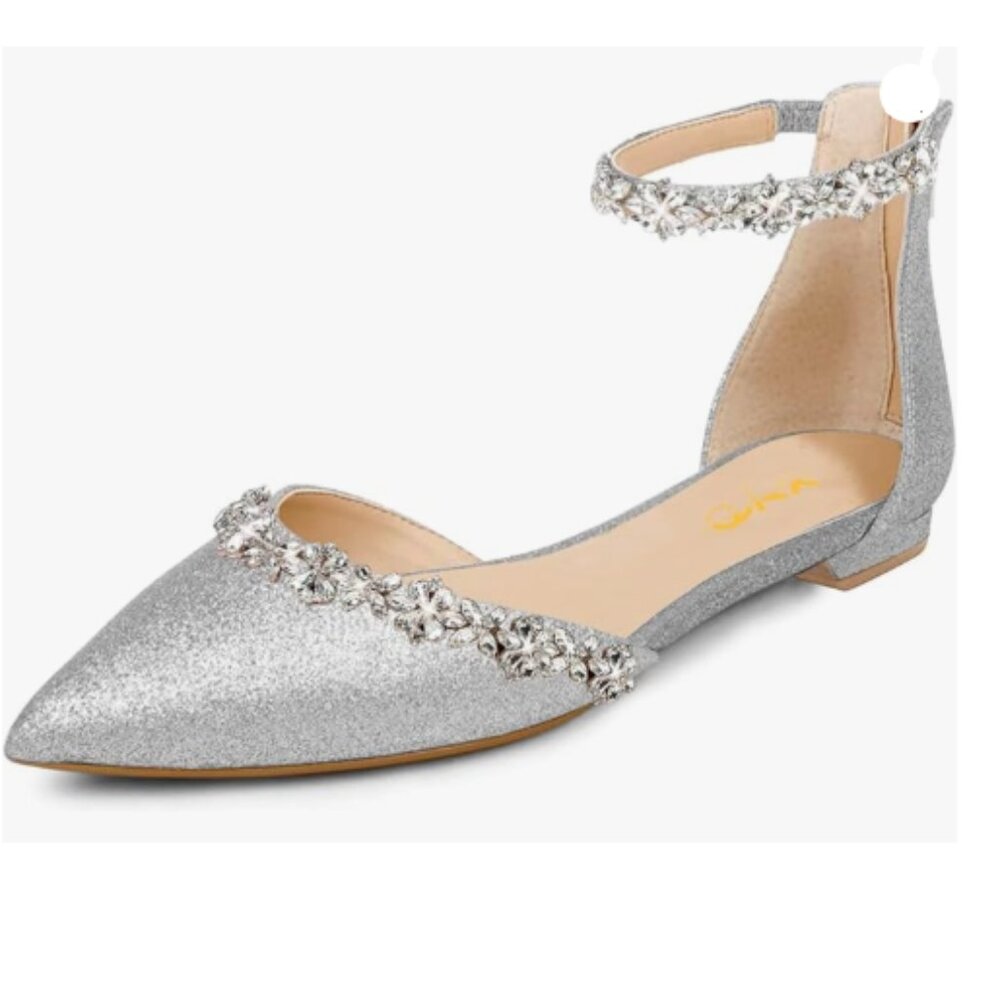 XYD Silver Glitter Pointed Toe Ankle Strap Flats with Crystal Trim